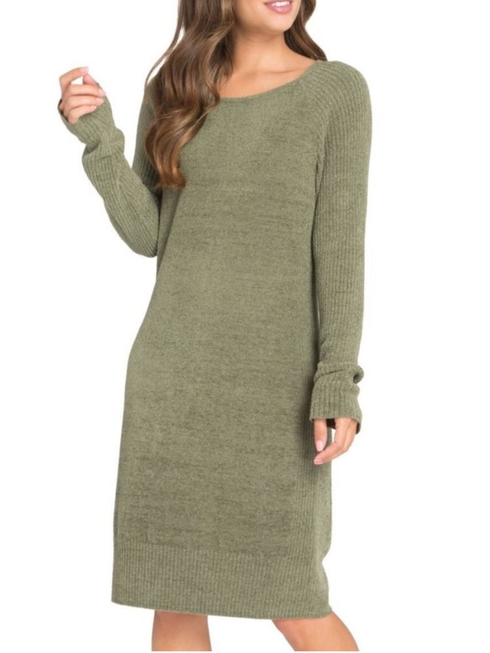 Barefoot Dreams Long Sleeve Cozy Chic Ultra Lite Knit Dress Olive Green Medium